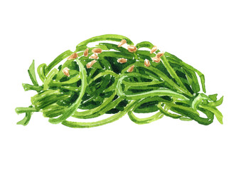 Edible Green Algae, Green Chuka Seaweed Salad. Hand drawn watercolor illustration isolated on white background