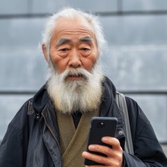 Wise Old Man Using Smartphone. Fictional Character Created By Generated By Generated AI.
