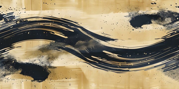 Seamless background of Japanese calligraphy with abstract black ink brush strokes on beige paper. Concept Japanese Calligraphy, Abstract Brush Strokes, Seamless Background, Beige Paper