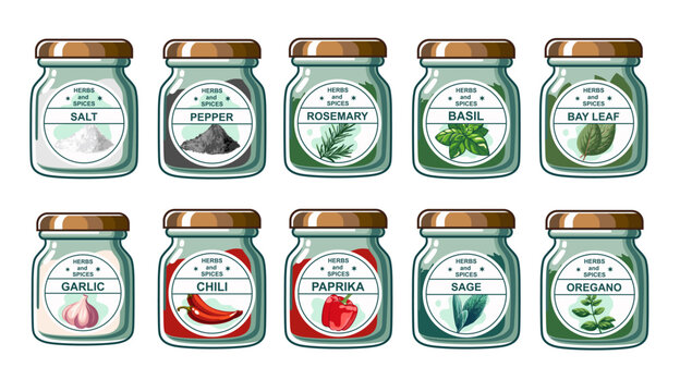 Set of spices and herbs in glass jar on isolated white background. Spices, seasonings in a glass jar isolated on white background. Vector illustration. Suitable for menu, recipe and cookbook 