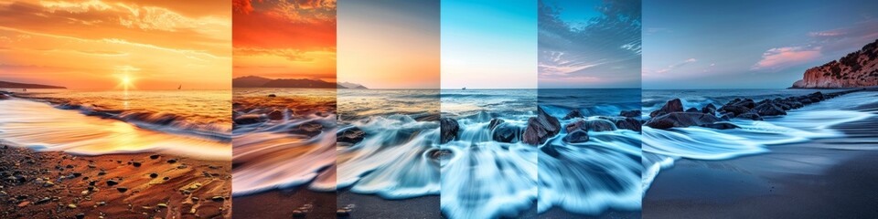 A series of four pictures showing different types and colors of waves, AI - Powered by Adobe