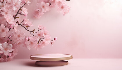Pink Platform Stage For Beauty Product With A Sprig Of Cherry Blossom Or Apple Tree