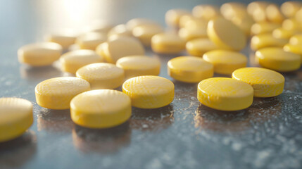 Fototapeta na wymiar nutrition supplements yellow multivitamin pills