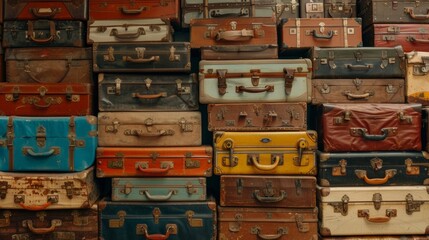 A large pile of suitcases stacked on top of each other, AI