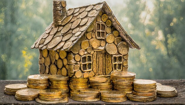 Uma casa feita de moedas representando os financiamentos habitacionais
