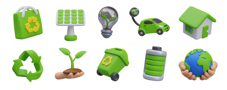 hopping bag, solar panel, light bulb with plant, electric car, house with green roof, recycling sign