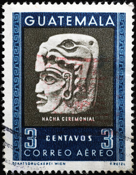 Maya sculpture on postage stamp of Guatemala