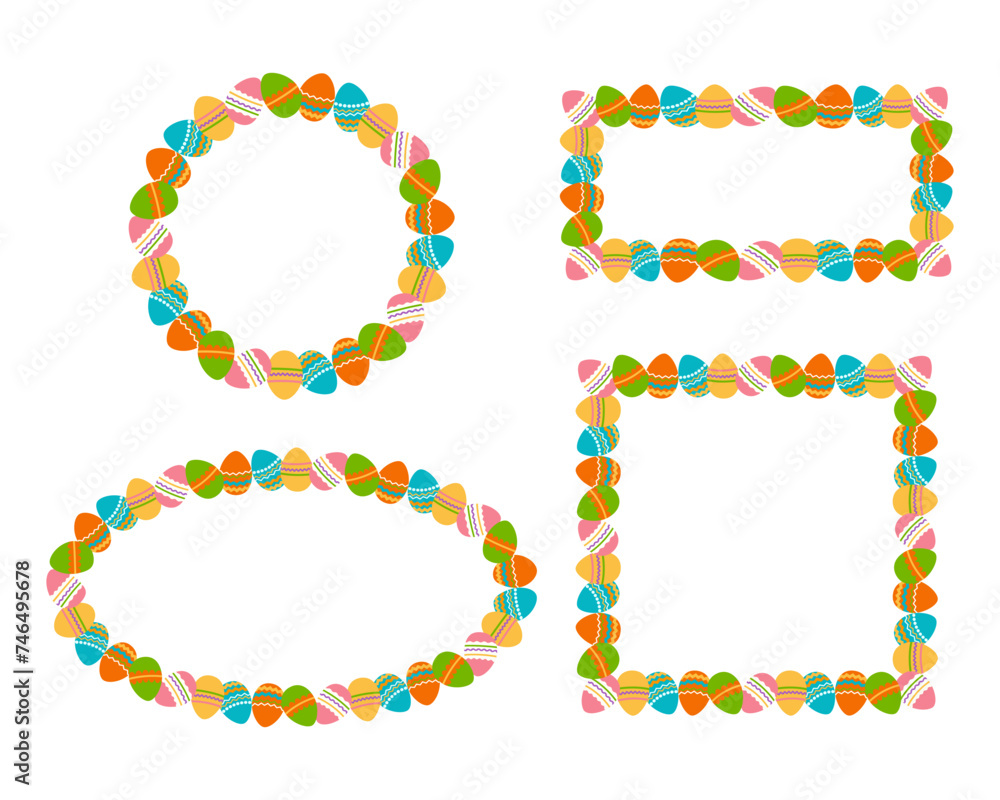 Poster frame made of colorful easter eggs. set of different colorful frames and borders made of easter pain