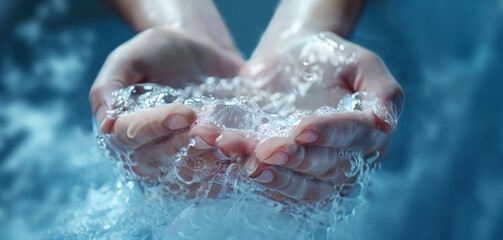 Two soapy hands with soap foam. Cleaning рands procedure. Washing hands in the bathroom. The man scooped up water with both hands. Soapy water with bubbles. Hygiene, sanitation and human health.