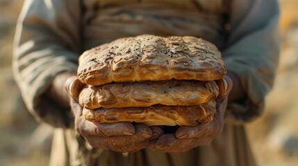A person holding a stack of bread in their hands, AI