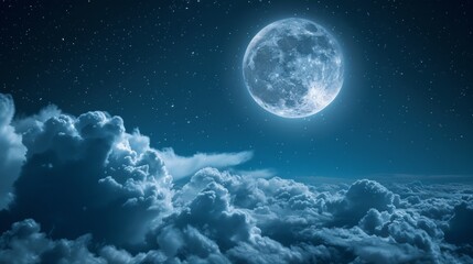 Naklejka na ściany i meble A full moon in the sky above clouds with stars, AI