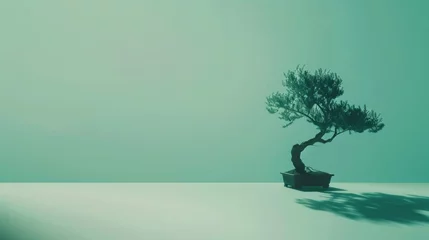 Deurstickers Mint Green Zen Background with Minimalist Bonsai Tree © CommerceAI