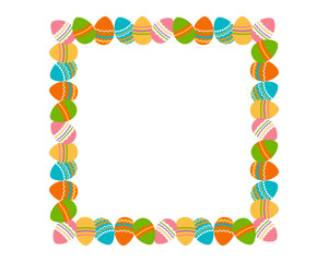 Square decorative Easter frame. Border made of Easter painted eggs. Perfect for festive holiday decoration and spring greeting cards. Vector illustration.