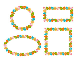 Frame made of colorful Easter eggs. Set of different colorful frames and borders made of Easter painted eggs. Perfect for festive holiday decoration and spring greeting cards. Vector illustration.