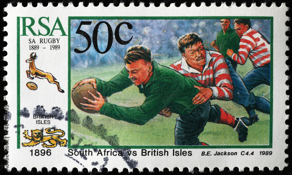 Wall mural rugby match of 1896 south africa vs. british isles celebrated on stamp