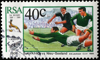 Rugby match of 1937 South Africa vs,New Zealand celebrated on stamp