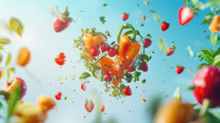 flying Vegetables and fruits in the shape of a heart on blue sky background. Concept of healthy eating, vegetarianism, health care, health day, with copy space
