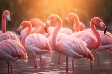 A flock of pink flamingos gathers silently at sunset.