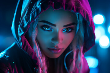 Generative ai illustration of attractive woman isolated on futuristic neon illuminated town background