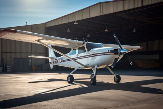 A single-engine plane was parked in a hangar. - Powered by Adobe