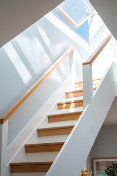 Simple white staircase with wooden handrails