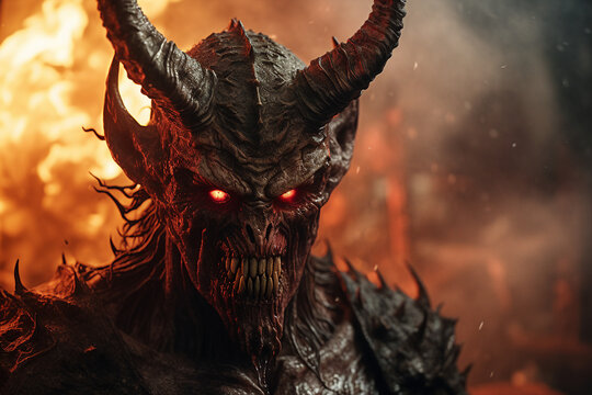 AI generated fantasy scene of an ugly humanoid monster burning blurred background