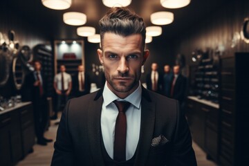 Brutal male executive in formal clothes in a hair salon - obrazy, fototapety, plakaty