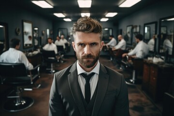 Brutal male executive in formal clothes in a hair salon