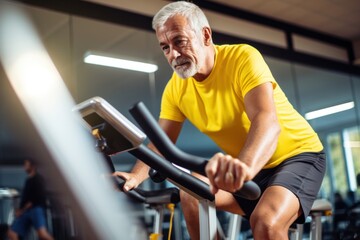 Fototapeta na wymiar Adult man doing vigorous exercise on a bright yellow spin bike. Focusing on fitness in the gym.