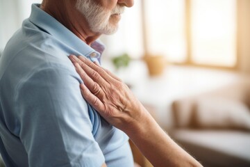 An elderly man receives physical therapy for his arm under the guidance of a therapist. Shoulder pain, sprained shoulder from exercise - obrazy, fototapety, plakaty