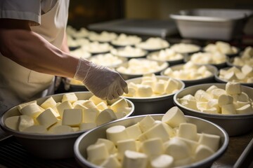 People pour fresh cheese curd into individual cheese molds in the cheese making workshop. - obrazy, fototapety, plakaty