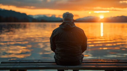 A man sitting on a bench looking out over the water, AI