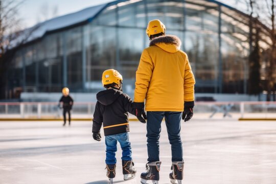 boy in warm clothes and Helmet is learning ice skating with an assistant on the ice rink.