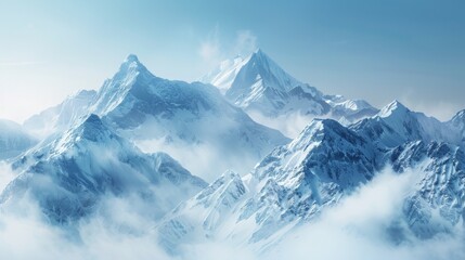 A mountain range covered in clouds with a blue sky, AI