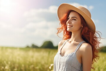 Beautiful cheerful young woman in a sundress, looking away, with a straw hat standing in a countryside field on a summer day.