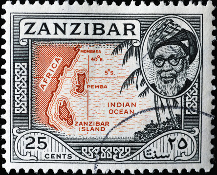Zanzibar island on vintage postage stamp