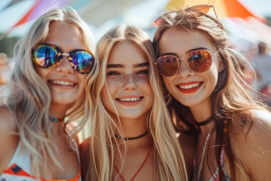 Young female friends look confidently into the camera on a bright day at a festival