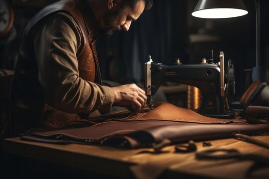 tailor in dickey sewing by needle leather textile on workplace