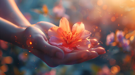 hand holding a glowing lotus flower, generative ai