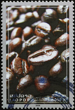 Coffee grains on postage stamp of Laos