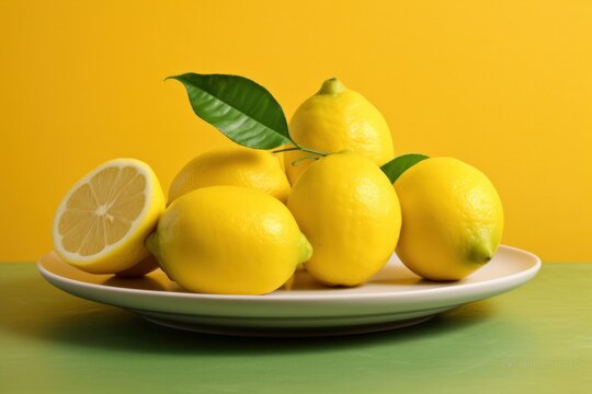 lemons near apple on vivid ceramic plate on table on yellow