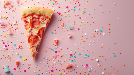 A slice of pizza on a pink background with confetti sprinkles, AI