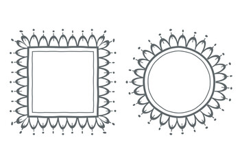 Frames outline set. Hand drawn decorative doodle ornament, ink brush stroke, wavy line borders collection. Circle, square shapes. Vector