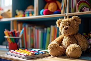 Bookshelf with colorful books and teddy bear with colored pencils on the table. Elementary school, kindergarten playroom with toys, children library, preschool education. Generative AI - obrazy, fototapety, plakaty