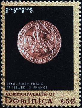 First french franc issued in 1360 on postage stamp