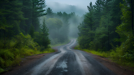 Beautiful landscape of road in the mountains at dusk Long exposure with fog, generative ai - obrazy, fototapety, plakaty