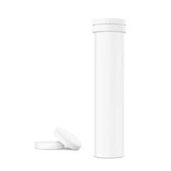 Realistic white round container and fizzy tablets mockup.  Vector illustration isolated on white background. Can be use for your design, advertising, promo and etc. EPS10.	