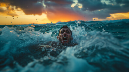 Drowning Agony A Troubled Male Figure's Scream Captures the Concept of Tragedy at Sea - obrazy, fototapety, plakaty