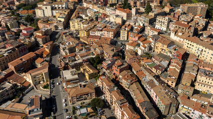 Aerial view of Genzano di Roma, a town and comune in the Metropolitan City of Rome, Italy. The historic center is located in the Alban Hills and one of the Castelli Romani.