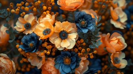 A close up of a bunch of flowers that are blue and orange, AI